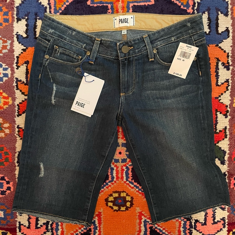 Paige Denim Jax Knee Short Jean Shorts 26 Distressed NWT Long